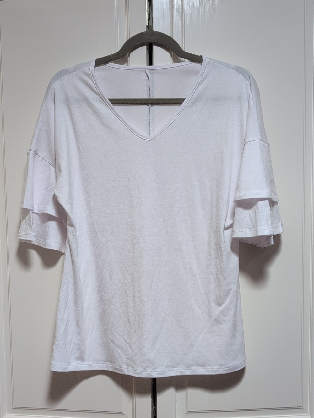 Women's White V-Neck Ruffle Sleeve Top